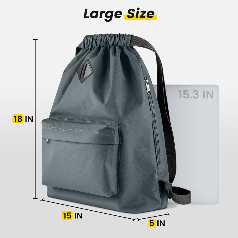 Vorspack Drawstring Backpack Water Resistant String Bag Cinch Bag Sports Gym Sack with Side Pocket for Men Women - Grey - Image 2